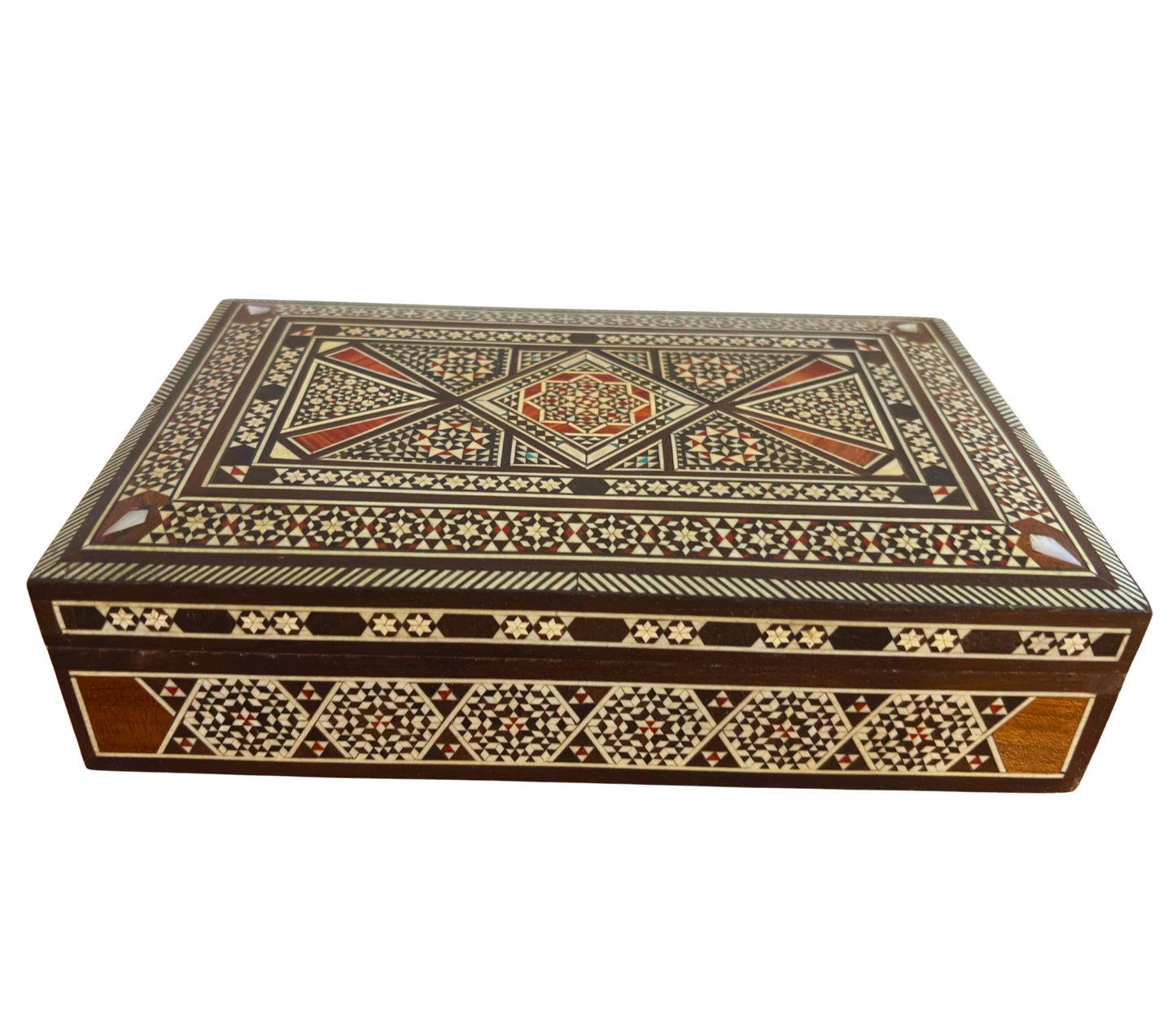 Vintage 1970 Damaszener Mosaik Schmuckschatulle – Handgefertigte orientalische Einlage mit Perlmutt