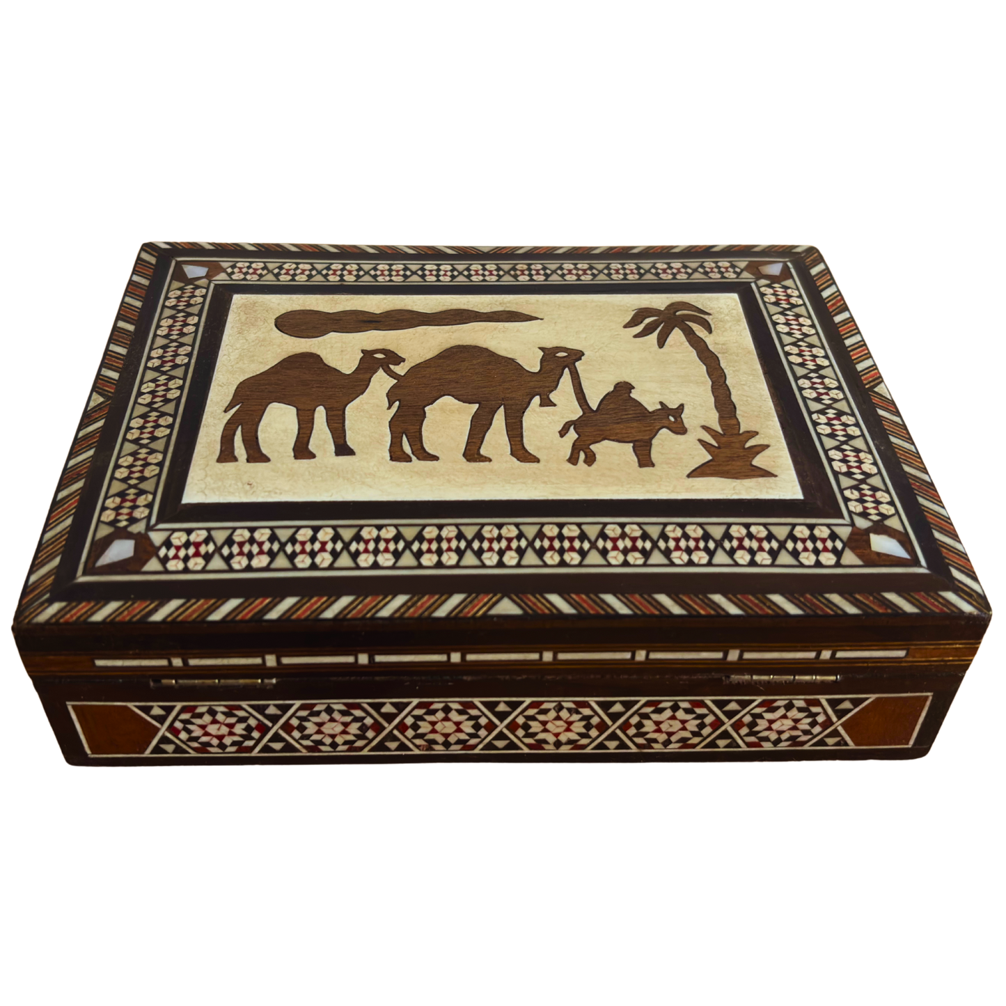 Vintage Kamel Mosaik-Schmuckbox – 1970 handgefertigte damaszener Kunst mit Perlmutt-Einlegearbeit
