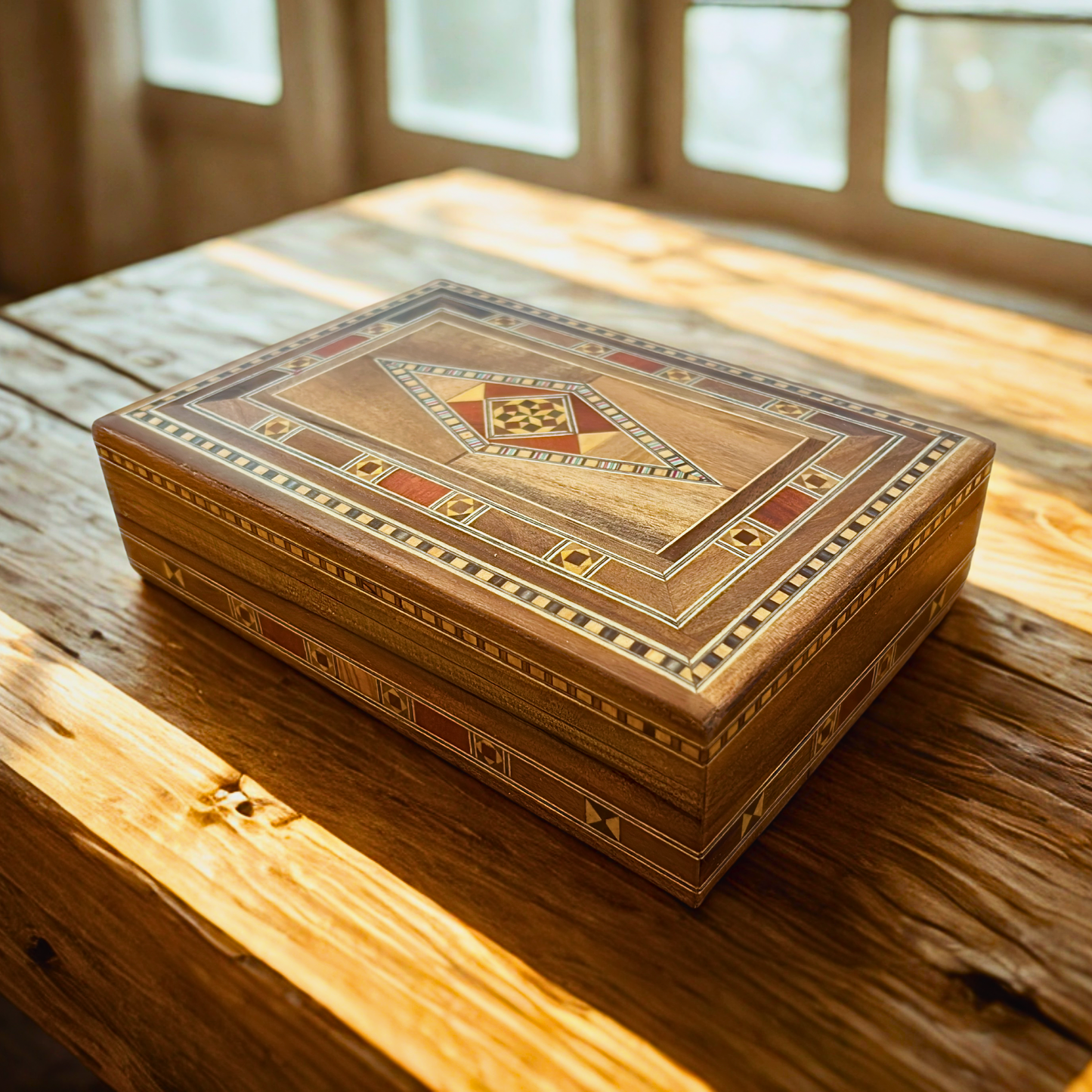 Elegant Rectangular Damascene Jewelry Box – Handcrafted from Beech, Eucalyptus & Lemon Wood