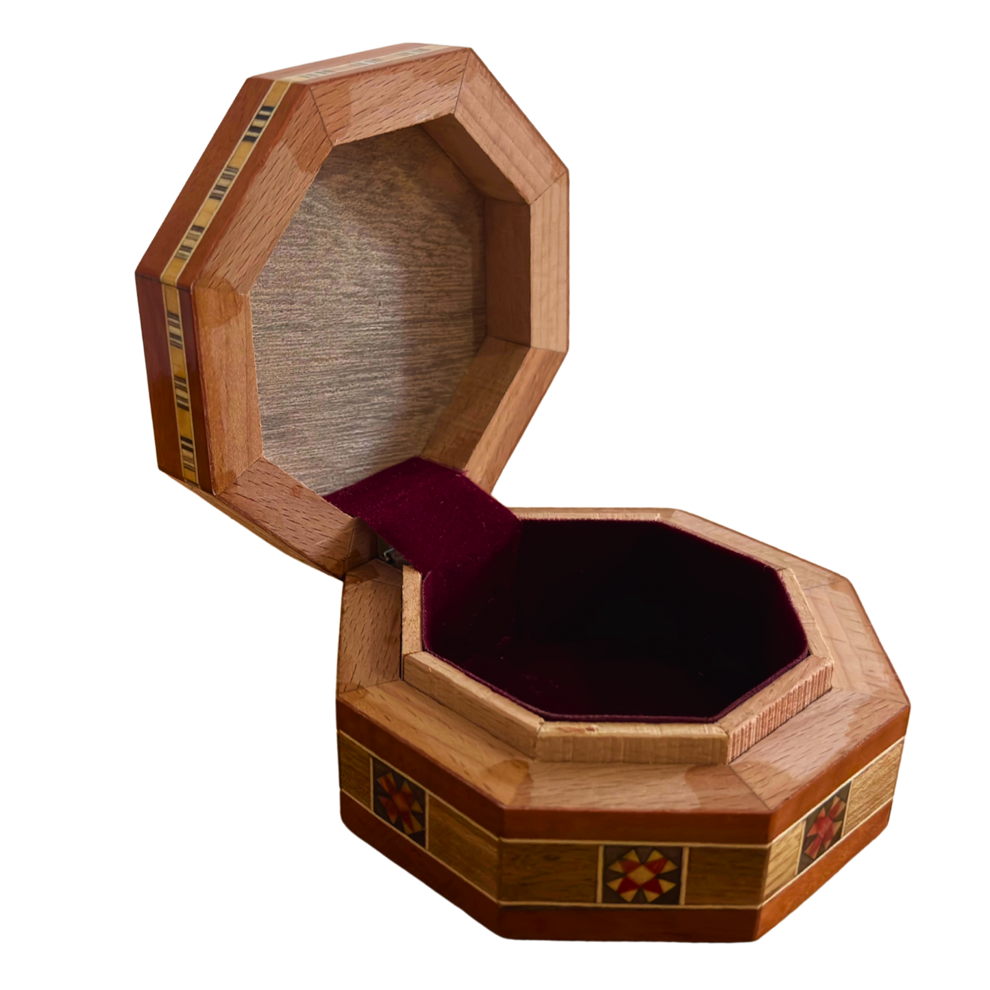 Achteckige damaszener Schmuck-Mosaikbox – handgefertigtes Holz mit Perlmutt-Einlegearbeit in warmem rustikalem Terrakotta