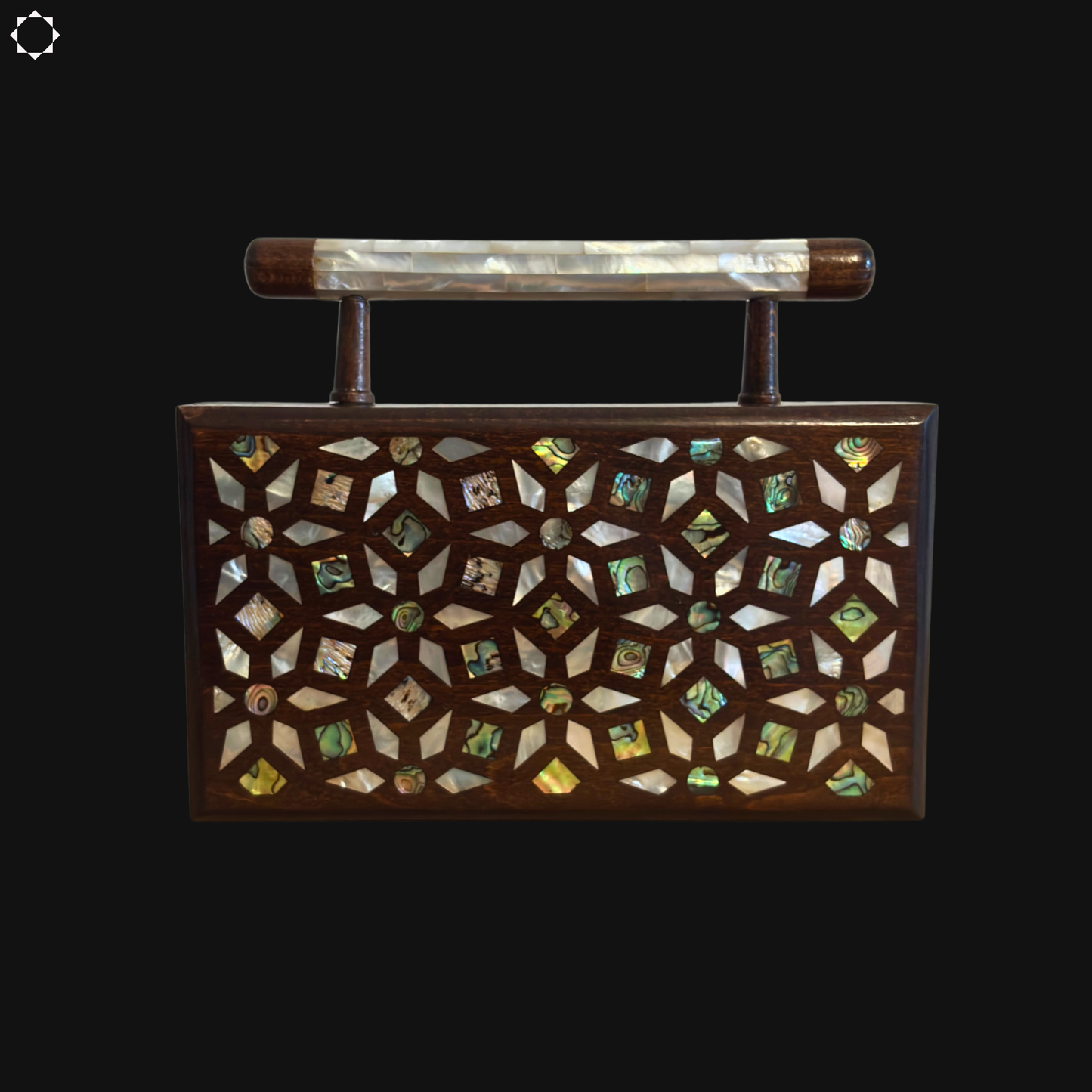 Der Garten der Geheimnisse – Handgefertigte Damaszener Clutch aus Nussbaumholz mit Geometrischen & Botanischen Perlmuttintarsien