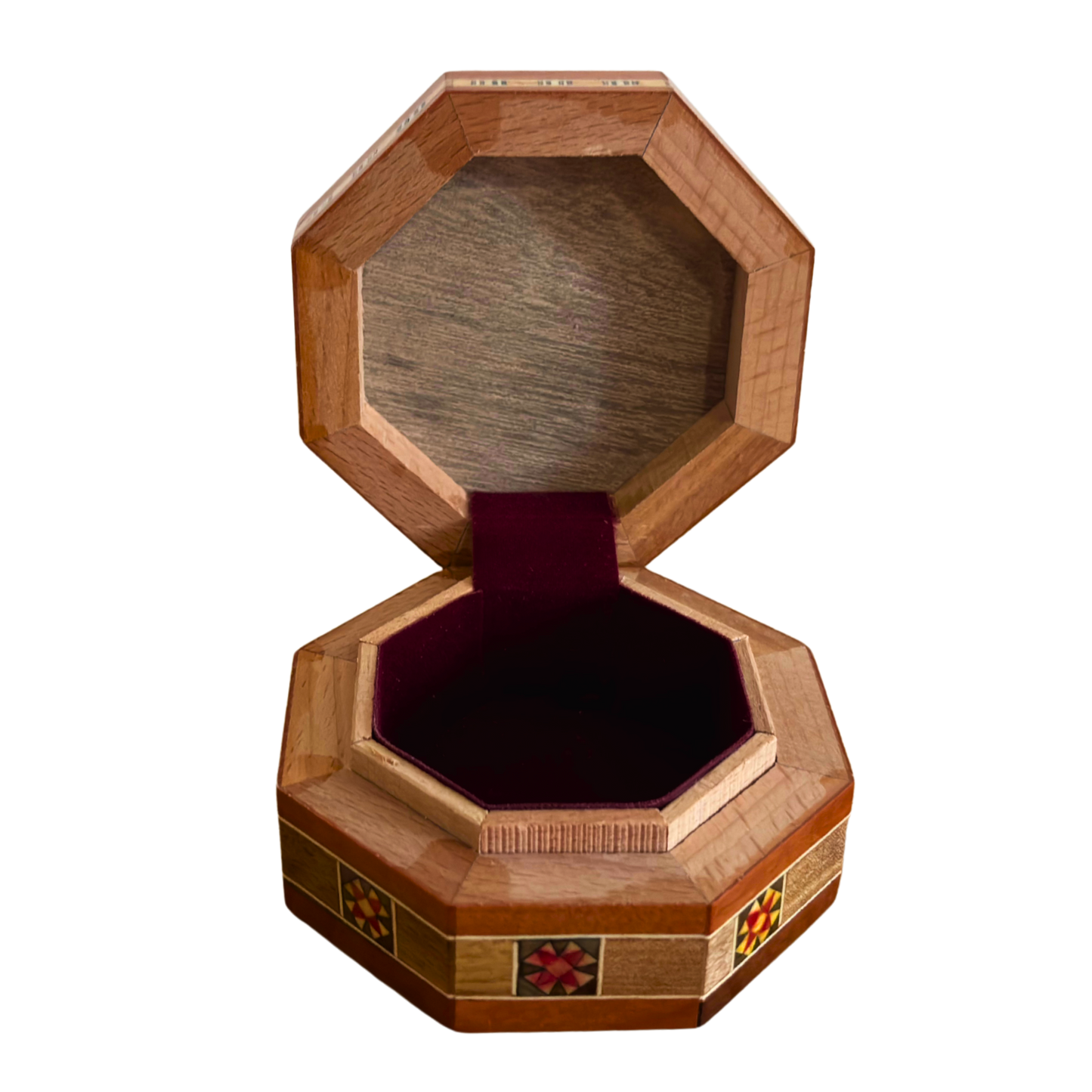 Achteckige damaszener Schmuck-Mosaikbox – handgefertigtes Holz mit Perlmutt-Einlegearbeit in warmem rustikalem Terrakotta