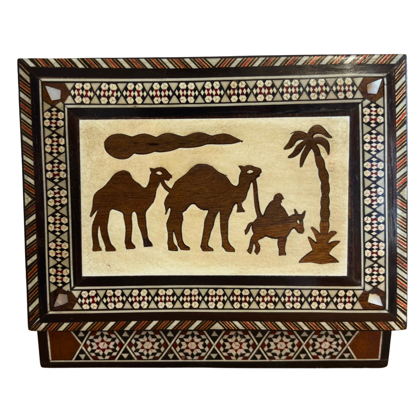Vintage Kamel Mosaik-Schmuckbox – 1970 handgefertigte damaszener Kunst mit Perlmutt-Einlegearbeit