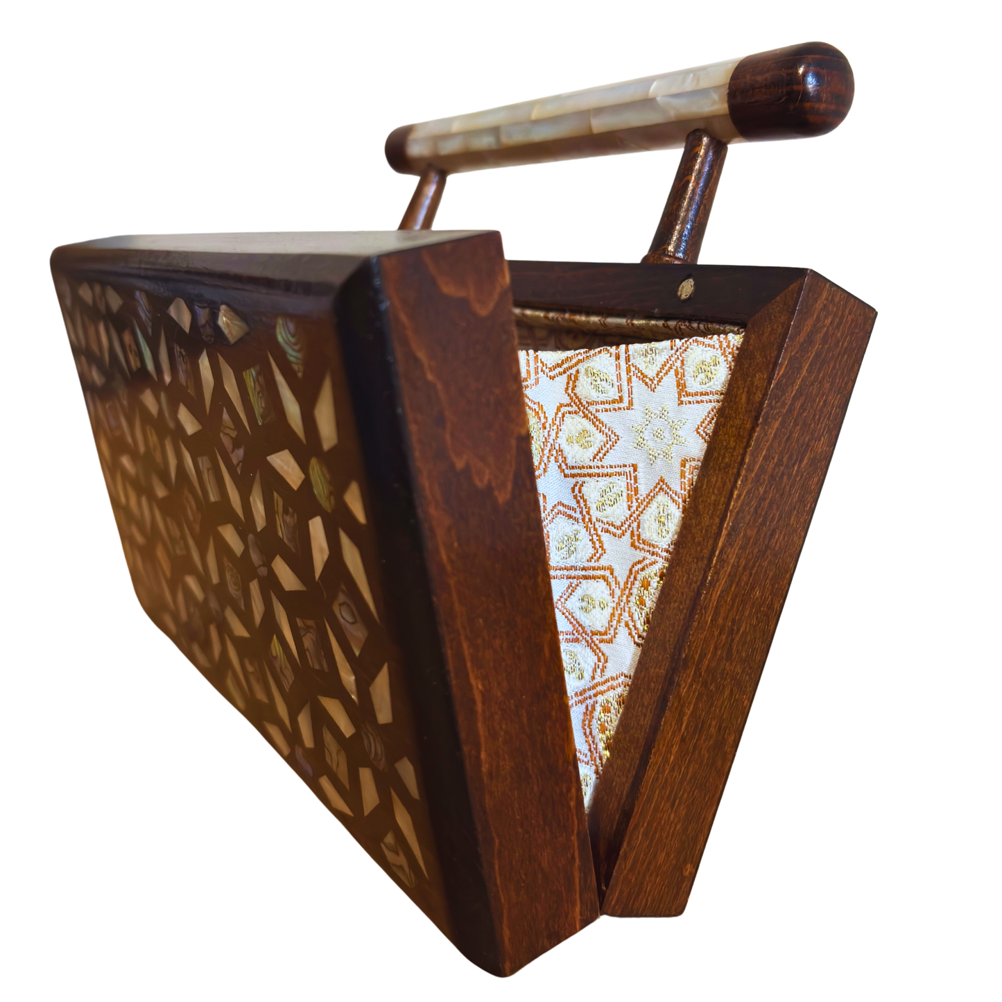 Der Garten der Geheimnisse – Handgefertigte Damaszener Clutch aus Nussbaumholz mit Geometrischen & Botanischen Perlmuttintarsien