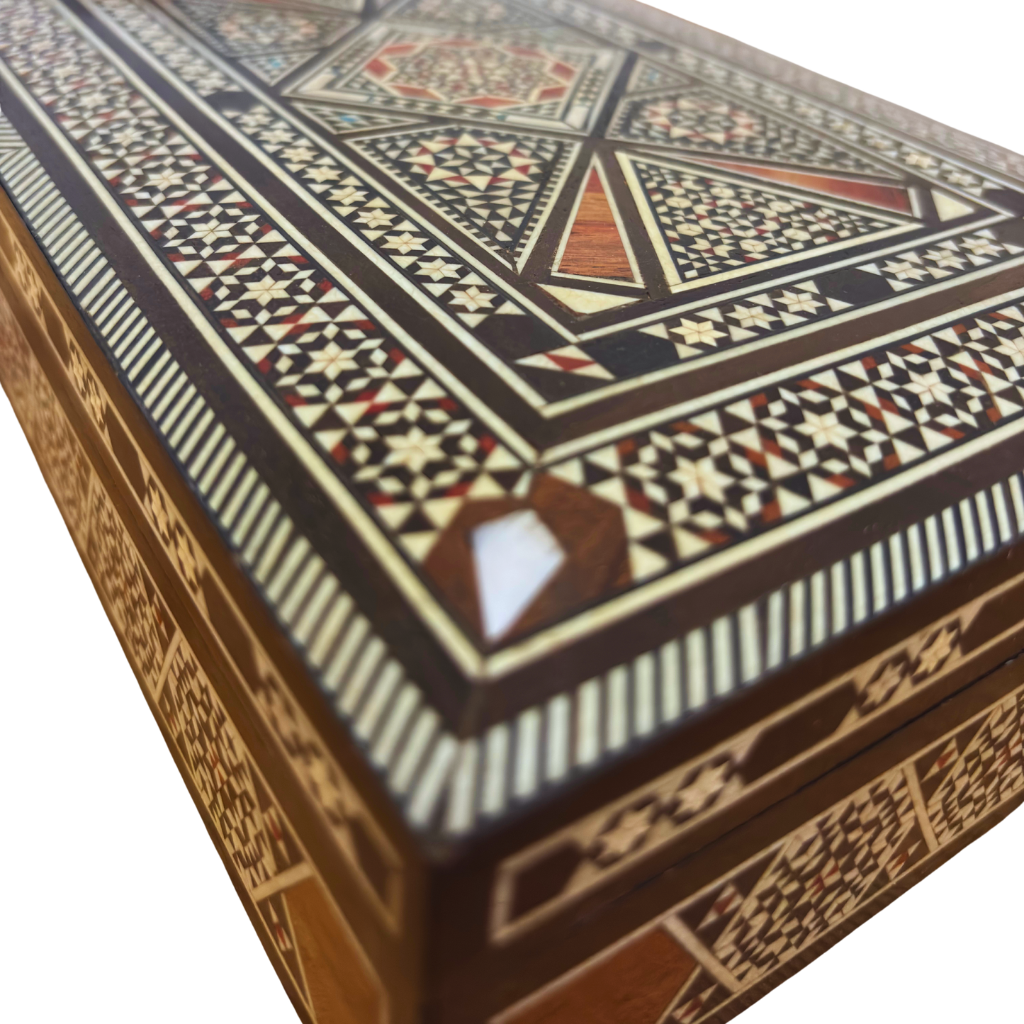 Vintage 1970 Damaszener Mosaik Schmuckschatulle – Handgefertigte orientalische Einlage mit Perlmutt