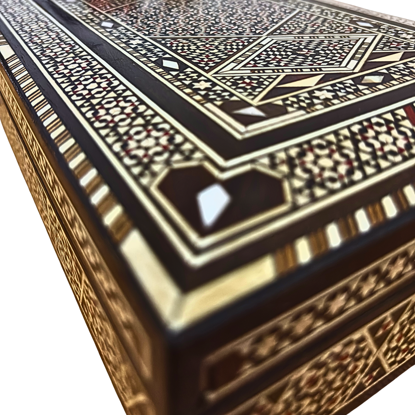 Vintage 1970 Damaszener Mosaik Schmuckschatulle, handgemachtes Andenken aus Holz, Perlmutt-Inlay, syrischer Kunsthandwerksschatz