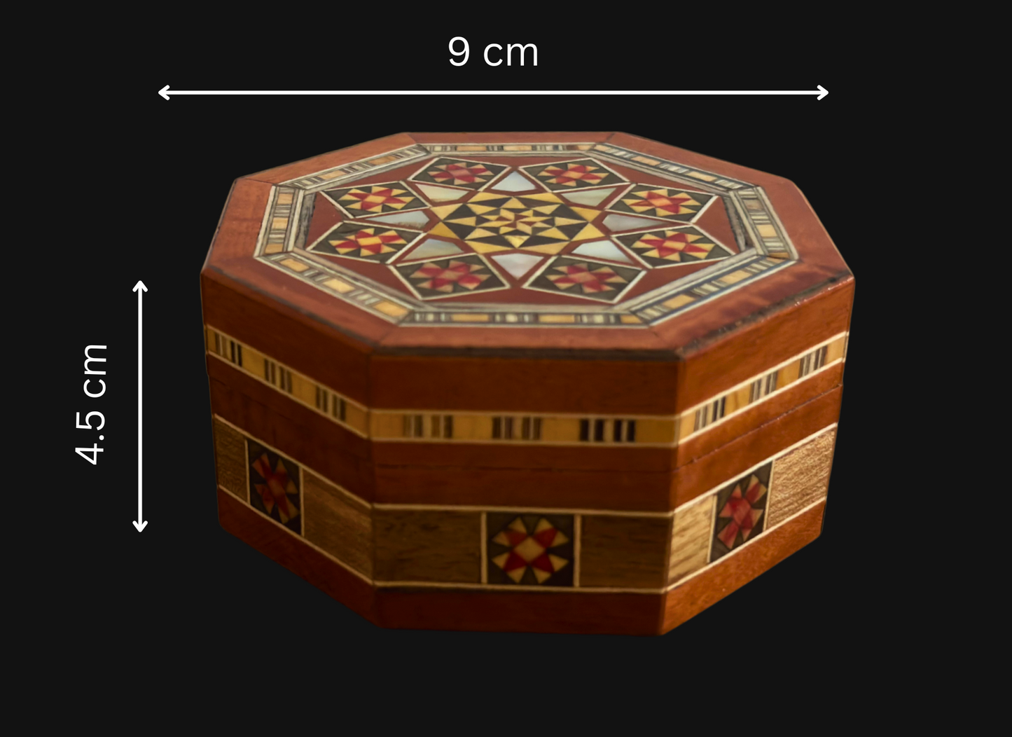 Achteckige damaszener Schmuck-Mosaikbox – handgefertigtes Holz mit Perlmutt-Einlegearbeit in warmem rustikalem Terrakotta