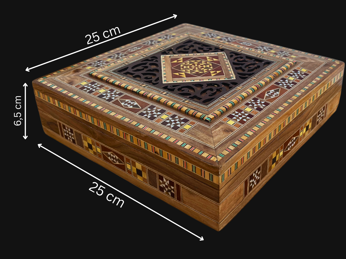 Große Damaszener-Mosaik-Box – Handgefertigte quadratische Schmucktruhe mit feiner Holzeinlage und Samtinnenseite