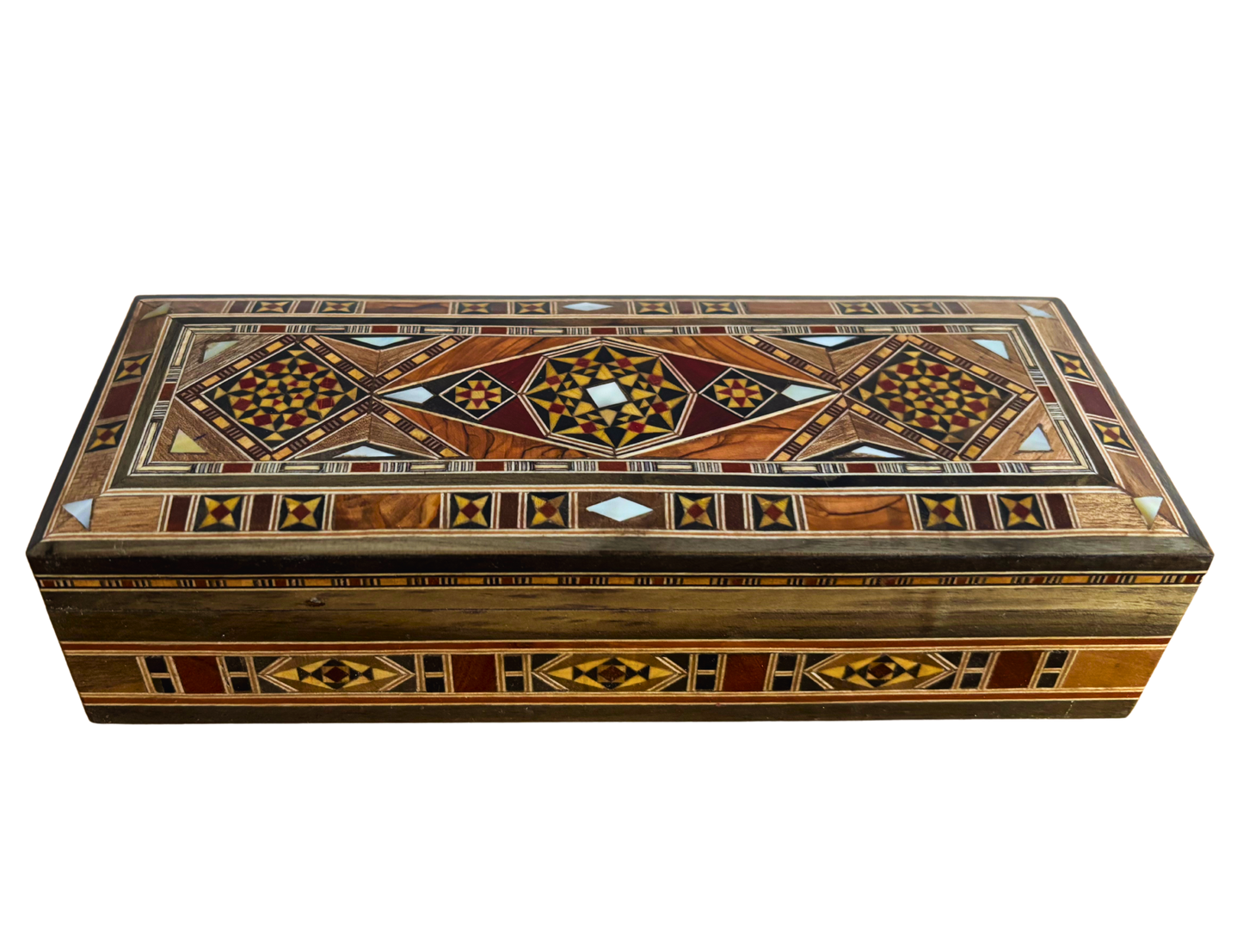 Damascene Mosaic Pen & Jewelry Box, Long Rectangular Handmade Chest, Mother of Pearl Inlay, Syrian Oriental Artisan Craft