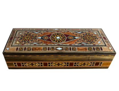 Damascene Mosaic Pen & Jewelry Box, Long Rectangular Handmade Chest, Mother of Pearl Inlay, Syrian Oriental Artisan Craft