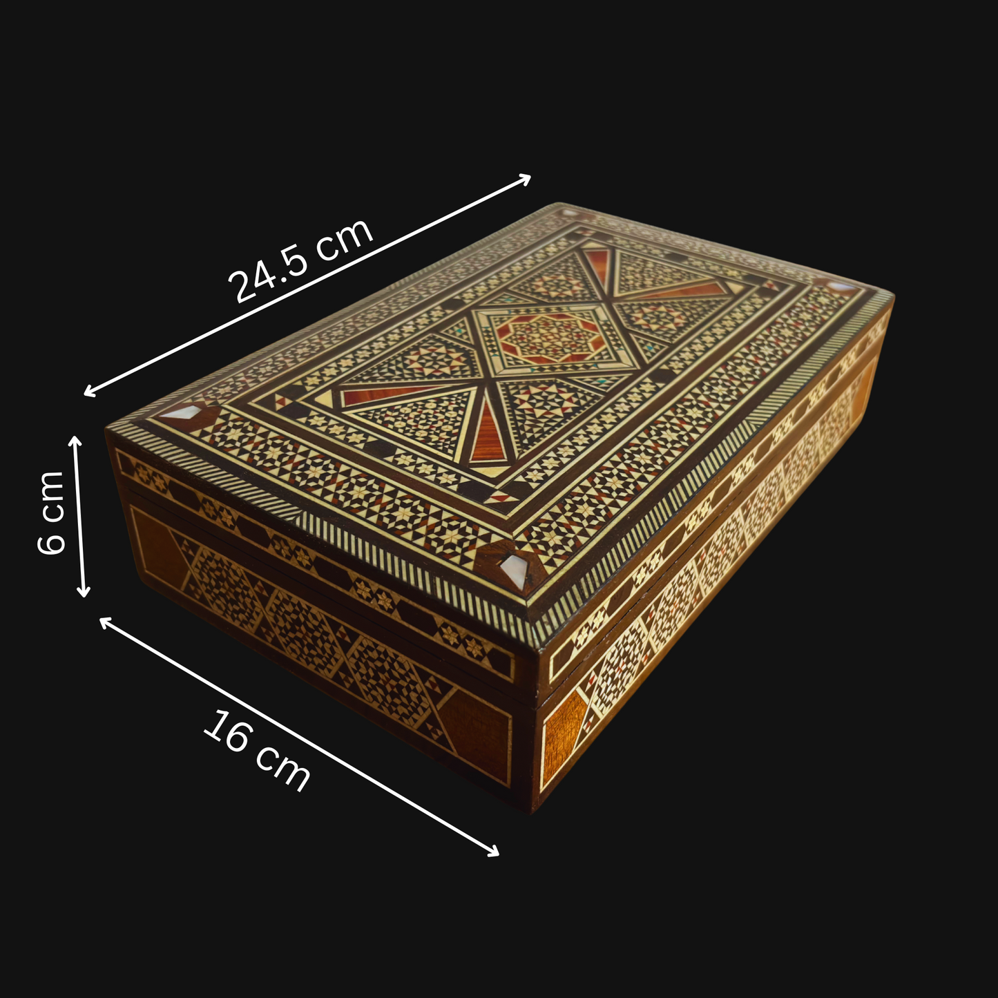 Vintage 1970 Damaszener Mosaik Schmuckschatulle – Handgefertigte orientalische Einlage mit Perlmutt