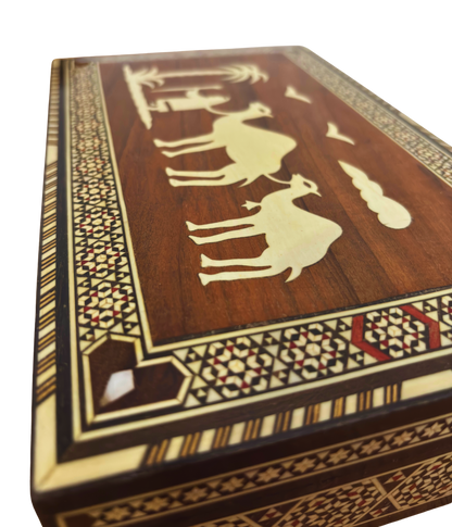 Seltene Vintage 1970 Kamelmosaikbox – Handgefertigte orientalische Damaszenerkunst mit Perleneinlage