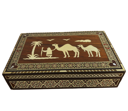 Seltene Vintage 1970 Kamelmosaikbox – Handgefertigte orientalische Damaszenerkunst mit Perleneinlage