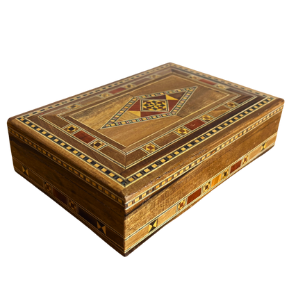 Elegant Rectangular Damascene Jewelry Box – Handcrafted from Beech, Eucalyptus & Lemon Wood