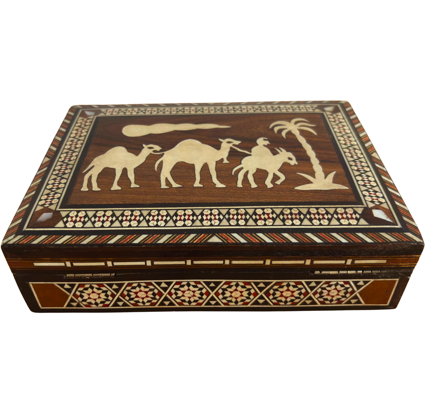 Vintage damaszener Mosaikbox aus den 1970er Jahren, Kamel-Motiv, handgefertigte syrische Erinnerungsbox
