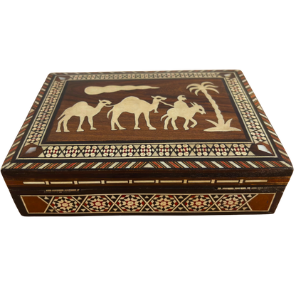 Vintage damaszener Mosaikbox aus den 1970er Jahren, Kamel-Motiv, handgefertigte syrische Erinnerungsbox
