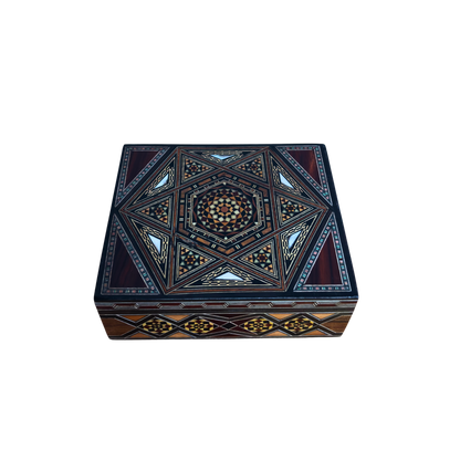 Refined Damascene Mosaic Box by Master Gaby Al Dayeh – Handcrafted with Mother of Pearl & Velvet Interior