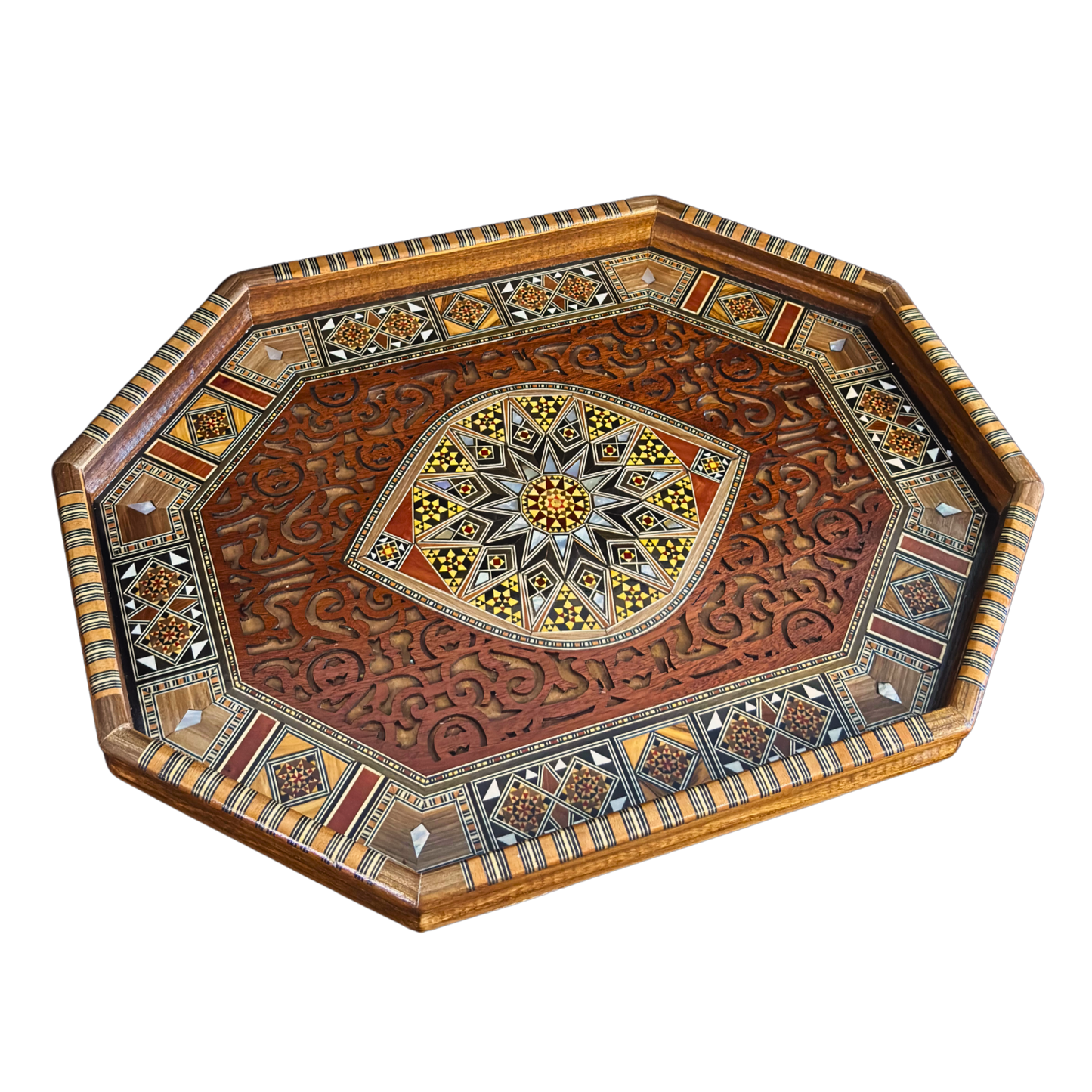 Luxuriöses Mosaik-Serviertablett aus Damaskus – Perlmutt & Handgeschnitzte Details