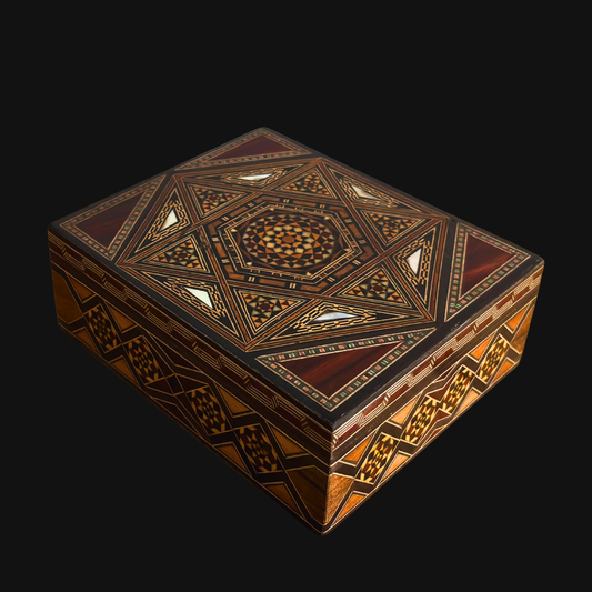 Refined Damascene Mosaic Box by Master Gaby Al Dayeh – Handcrafted with Mother of Pearl & Velvet Interior
