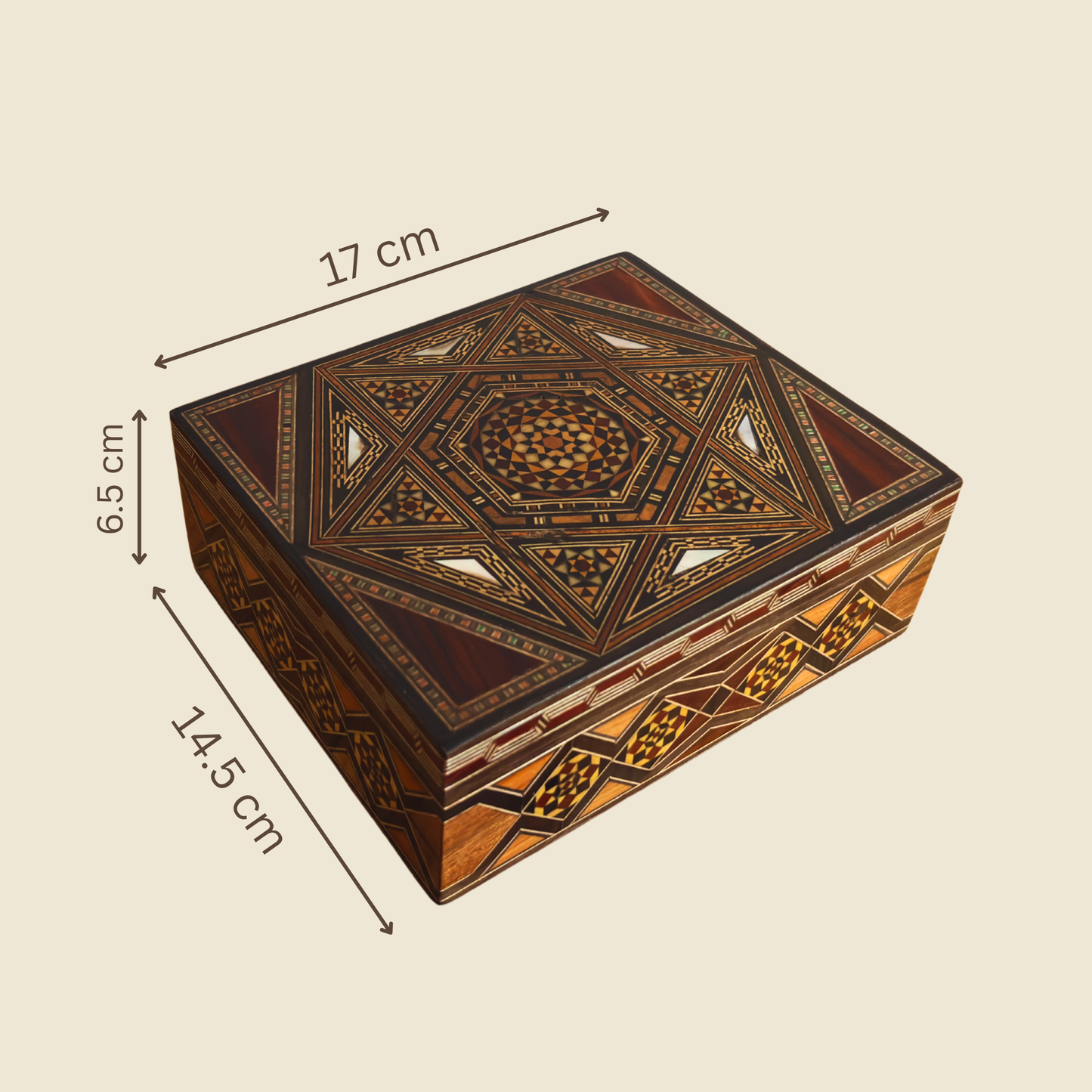 Damaszener Mosaikbox von Meister Gaby Al Dayeh – Perlmutt & Samt Innenausstattung
