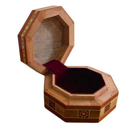 Achteckige damaszener Schmuck-Mosaikbox – handgefertigtes Holz mit Perlmutt-Einlegearbeit in warmem rustikalem Terrakotta