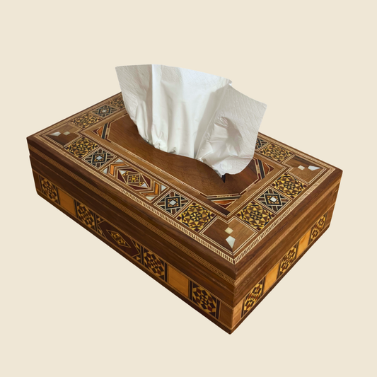 Elegante Damast-Mosaik Holz-Tissuebox – Perlmutt Intarsie & Samt Innenfutter