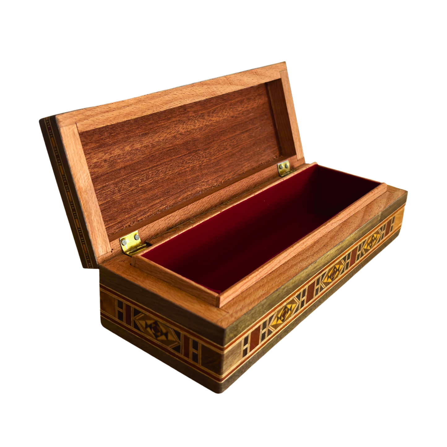 Damascene Mosaic Pen & Jewelry Box, Long Rectangular Handmade Chest, Mother of Pearl Inlay, Syrian Oriental Artisan Craft