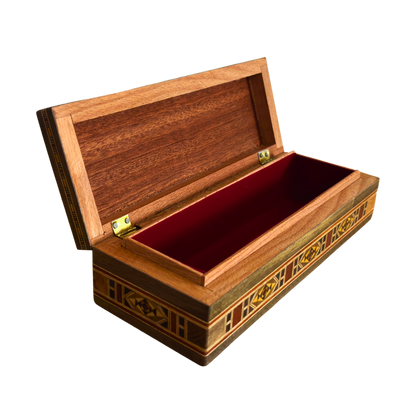 Damascene Mosaic Pen & Jewelry Box, Long Rectangular Handmade Chest, Mother of Pearl Inlay, Syrian Oriental Artisan Craft