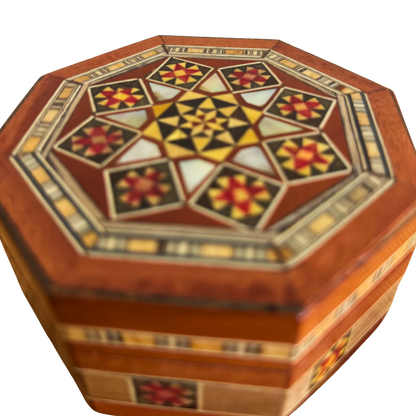 Achteckige damaszener Schmuck-Mosaikbox – handgefertigtes Holz mit Perlmutt-Einlegearbeit in warmem rustikalem Terrakotta