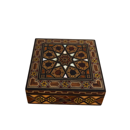 Handgefertigte Damaszener Mosaikbox von Meister Gaby Al Dayeh – Perlmutt & Samt Eleganz