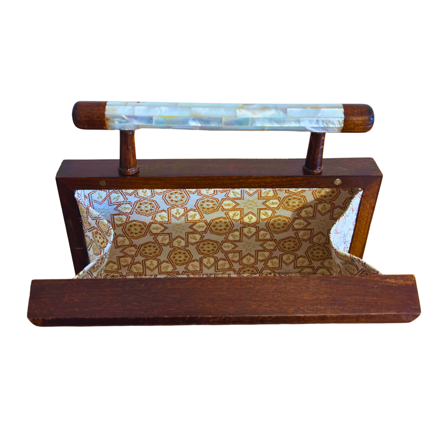 Zenobia – Luxe Damascene Clutch in Notenhout met Parelmoer Inleg & Brokaat Voering