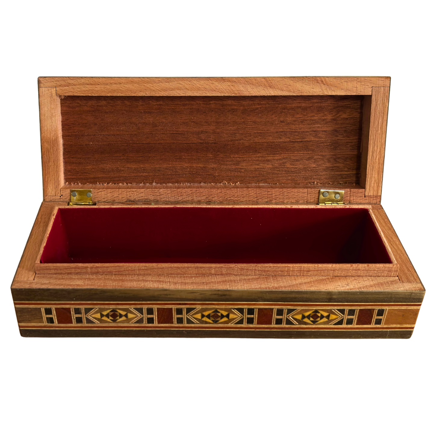 Damascene Mosaic Pen & Jewelry Box, Long Rectangular Handmade Chest, Mother of Pearl Inlay, Syrian Oriental Artisan Craft