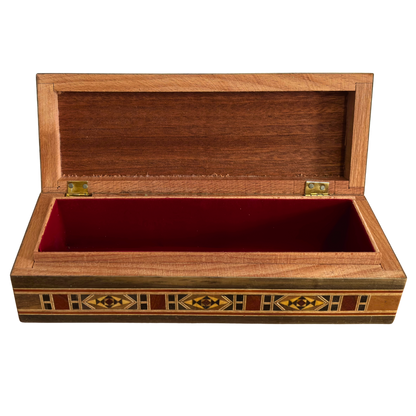 Damascene Mosaic Pen & Jewelry Box, Long Rectangular Handmade Chest, Mother of Pearl Inlay, Syrian Oriental Artisan Craft