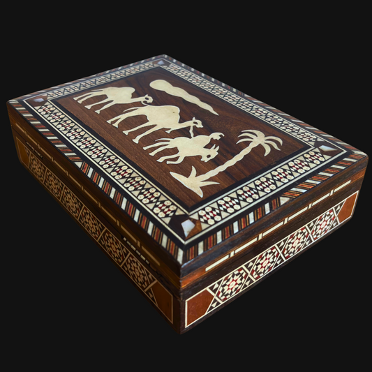 Vintage damaszener Mosaikbox aus den 1970er Jahren, Kamel-Motiv, handgefertigte syrische Erinnerungsbox
