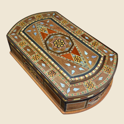 Elegante Mosaik-Schatulle aus Damaskus – Holzkunst & Samt