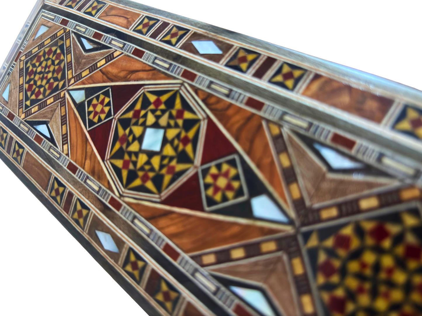 Damascene Mosaic Pen & Jewelry Box, Long Rectangular Handmade Chest, Mother of Pearl Inlay, Syrian Oriental Artisan Craft