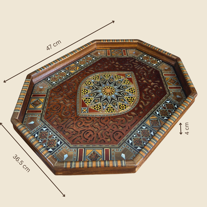 Luxuriöses Mosaik-Serviertablett aus Damaskus – Perlmutt & Handgeschnitzte Details
