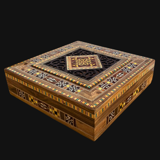 Large Damascene Mosaic Box – Handcrafted Square Jewelry Chest with Fine Wood Inlay and Velvet Interior