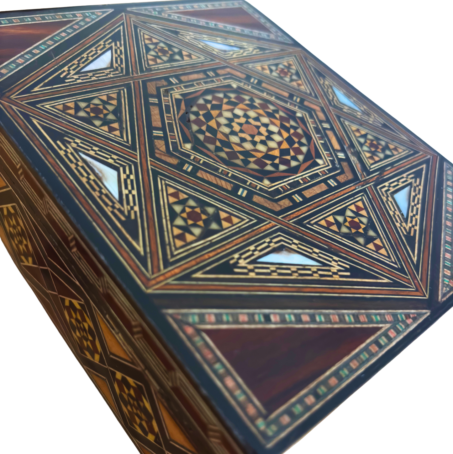 Refined Damascene Mosaic Box by Master Gaby Al Dayeh – Handcrafted with Mother of Pearl & Velvet Interior