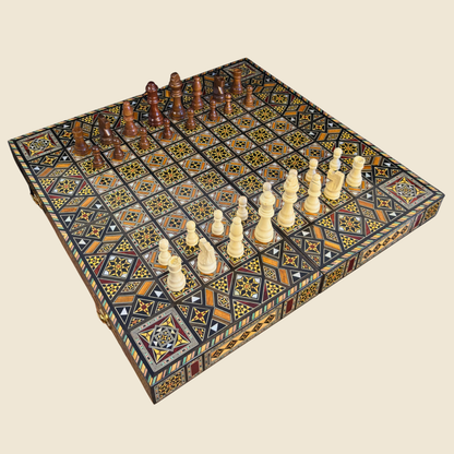 Luxuriöses Schach- & Backgammon-Set aus Damaskus – Mosaikkunst & Perlmutt