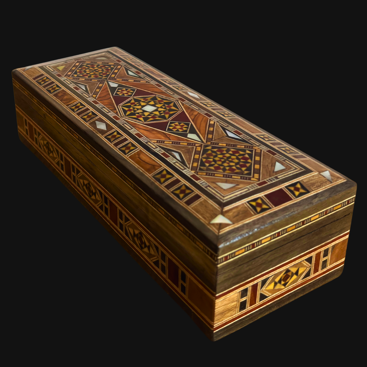 Damascene Mosaic Pen & Jewelry Box, Long Rectangular Handmade Chest, Mother of Pearl Inlay, Syrian Oriental Artisan Craft