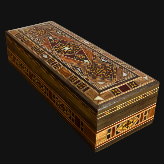 Damascene Mosaic Pen & Jewelry Box, Long Rectangular Handmade Chest, Mother of Pearl Inlay, Syrian Oriental Artisan Craft