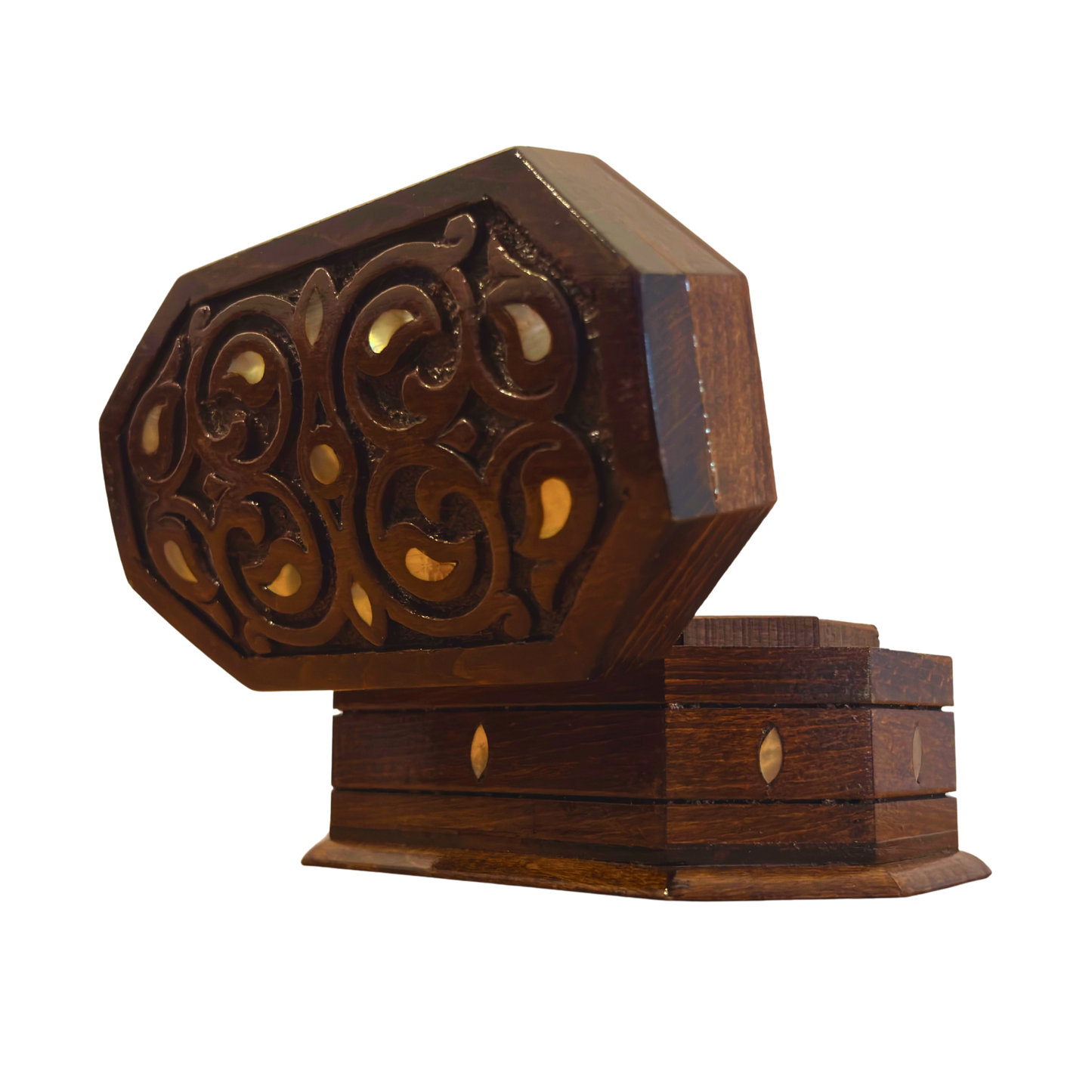 El Oyması Kayın Ahşap Kutu – Ceviz Rengi ve Sedef İşlemeli