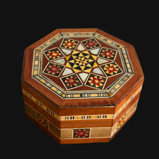 Octagonal Damascene Jewelry Mosaic Box – Handcrafted Wood & Mother of Pearl Inlay in Warm Rustic Terracotta