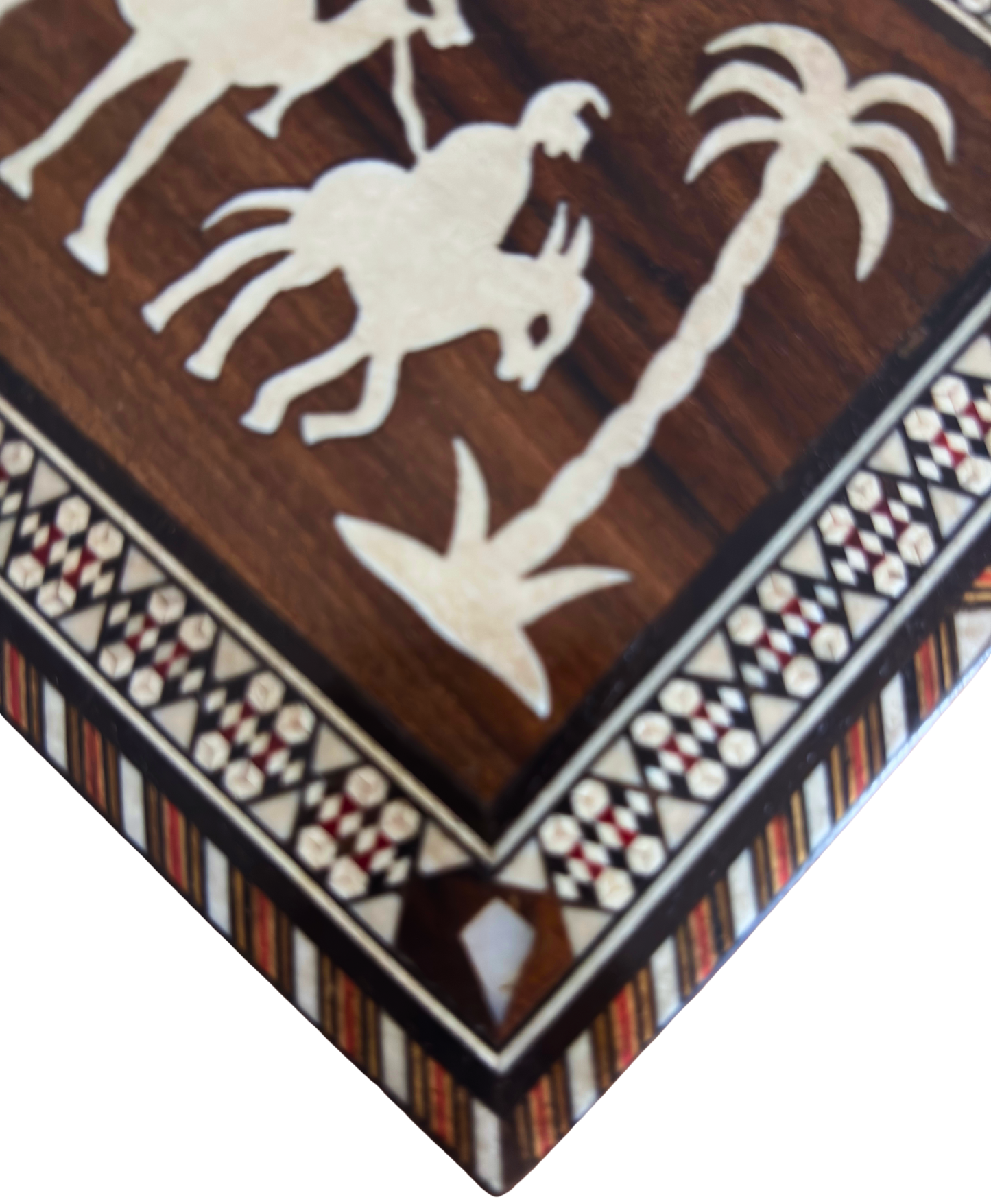 Vintage damaszener Mosaikbox aus den 1970er Jahren, Kamel-Motiv, handgefertigte syrische Erinnerungsbox
