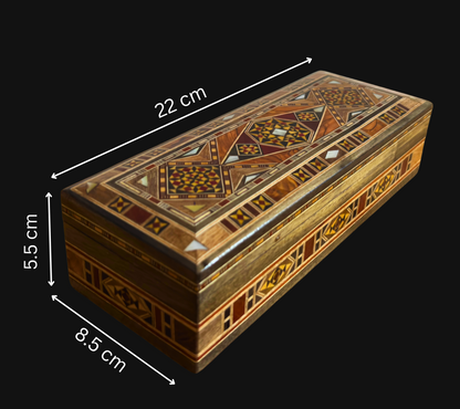 Damascene Mosaic Pen & Jewelry Box, Long Rectangular Handmade Chest, Mother of Pearl Inlay, Syrian Oriental Artisan Craft