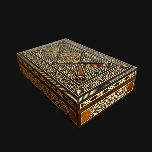 Vintage 1970 Damaszener Mosaik Schmuckschatulle – Handgefertigte orientalische Einlage mit Perlmutt