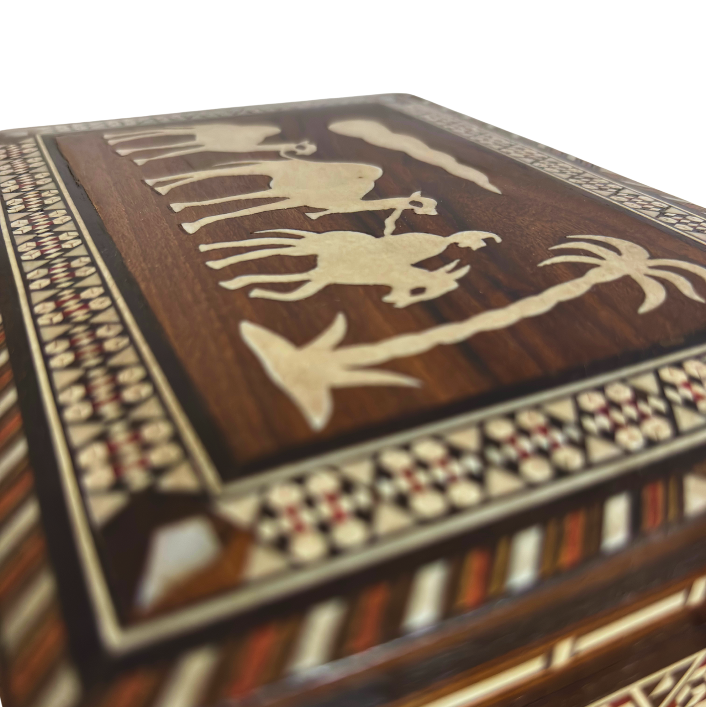 Vintage damaszener Mosaikbox aus den 1970er Jahren, Kamel-Motiv, handgefertigte syrische Erinnerungsbox
