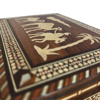 Vintage damaszener Mosaikbox aus den 1970er Jahren, Kamel-Motiv, handgefertigte syrische Erinnerungsbox
