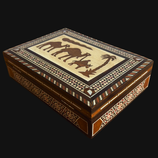 Vintage Kamel Mosaik-Schmuckbox – 1970 handgefertigte damaszener Kunst mit Perlmutt-Einlegearbeit
